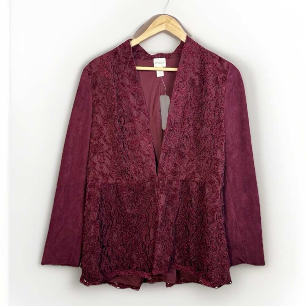 NWT Chico's Faux Suede Lace Top‎ Women's Medium Lined Burgandy Whimsigoth